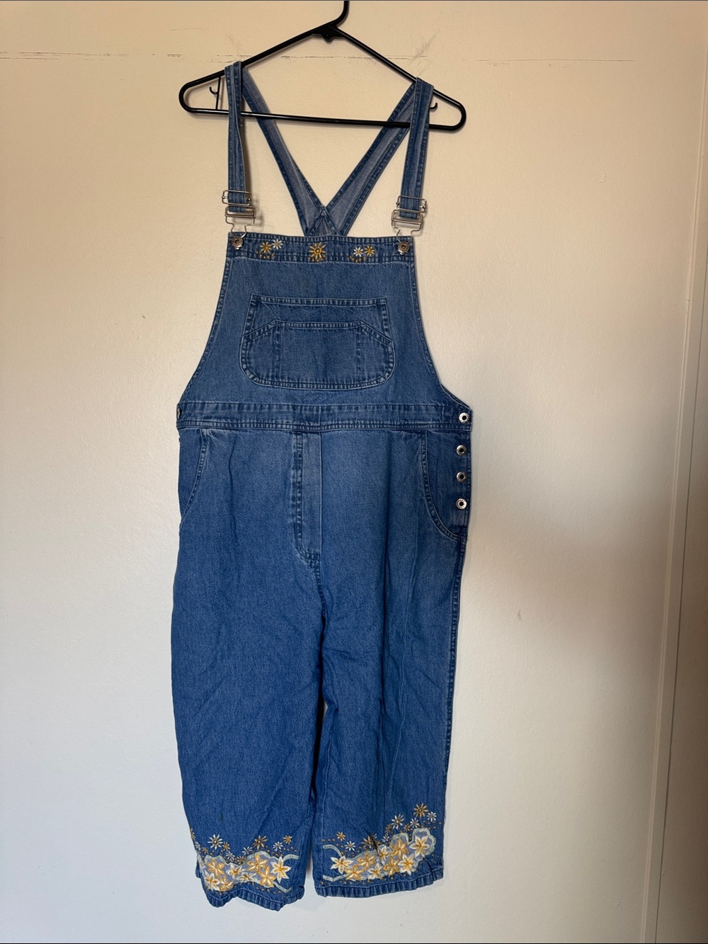 Embroidered Blue Denim Overalls with Floral Hem